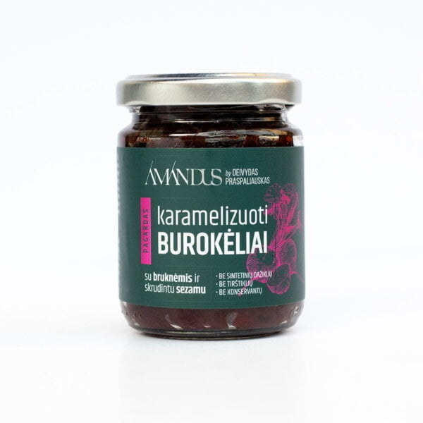Karamelizuoti burokėliai su bruknėmis ir skrudintu sezamu